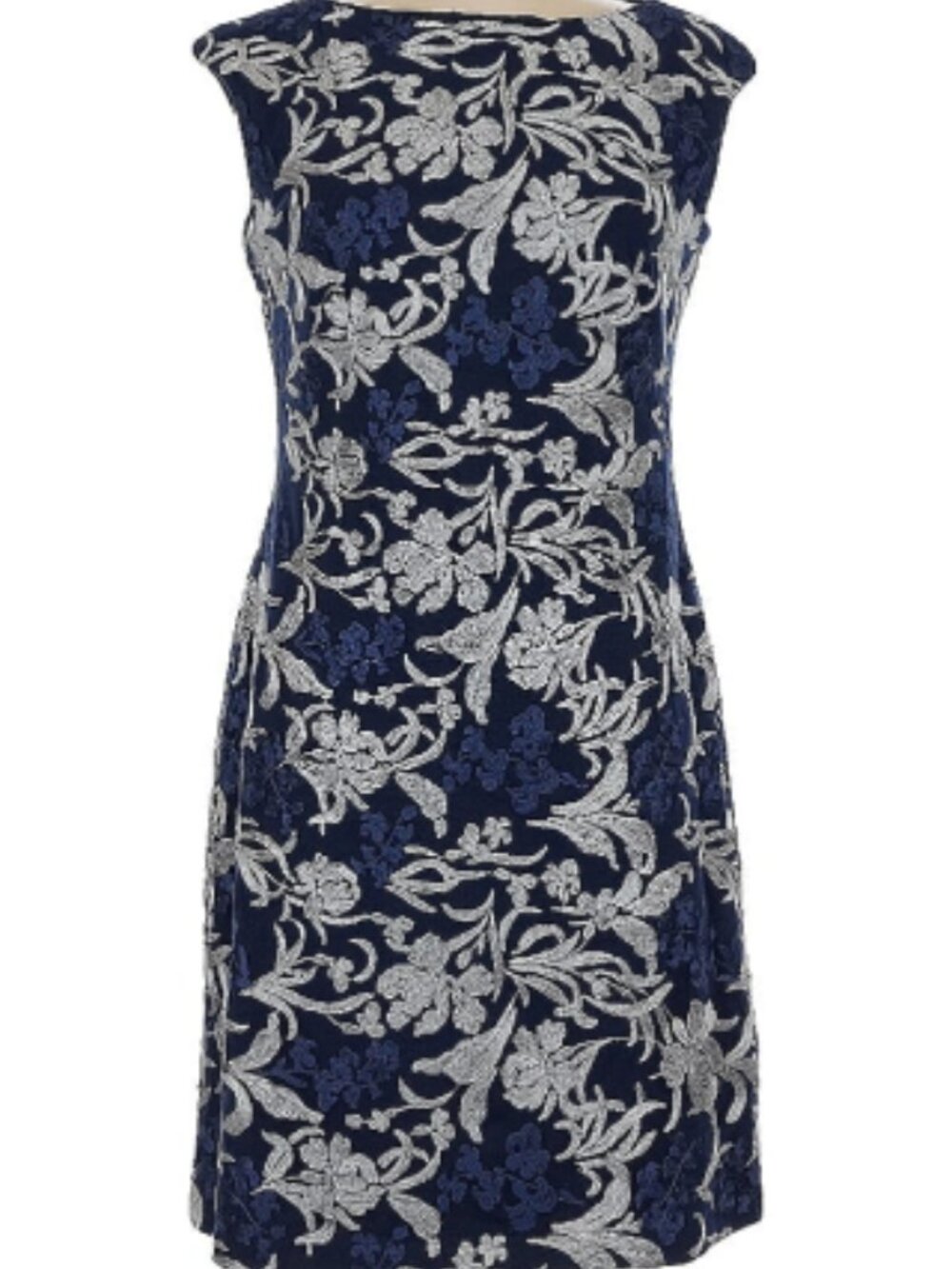 Navy stretch mesh dress with silver metallic floral by Lauren by Ralph Lauren.